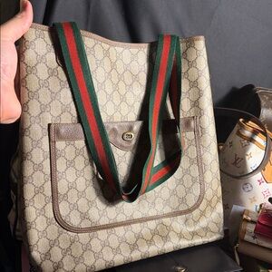 Gucci Beige and Brown Tote with Green and Red Straps